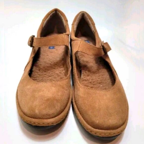 Lands End Tan Mary Jane Faux Sherpa Leather Suede Flats Size 7.5 - Picture 2 of 7